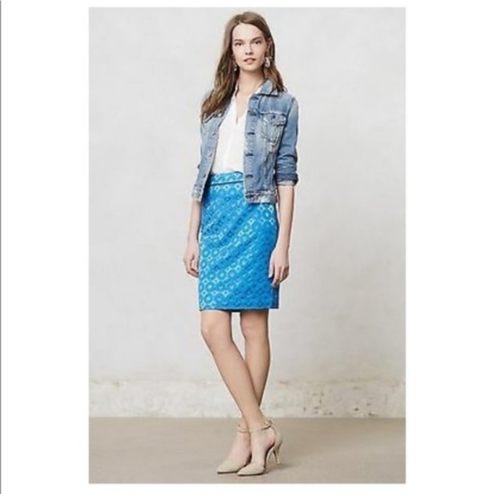 Maeve Anthropologie Blue Circle Satin Jacquard Sadie Pencil Skirt